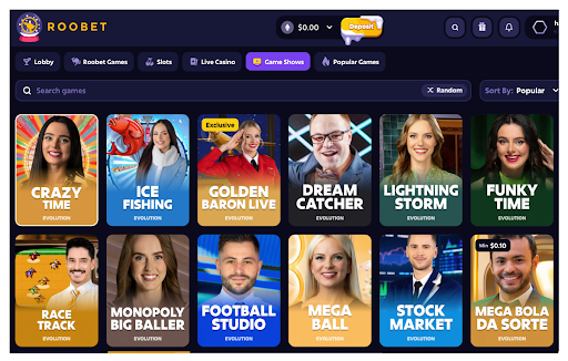 A screenshot of the Roobet game show page
